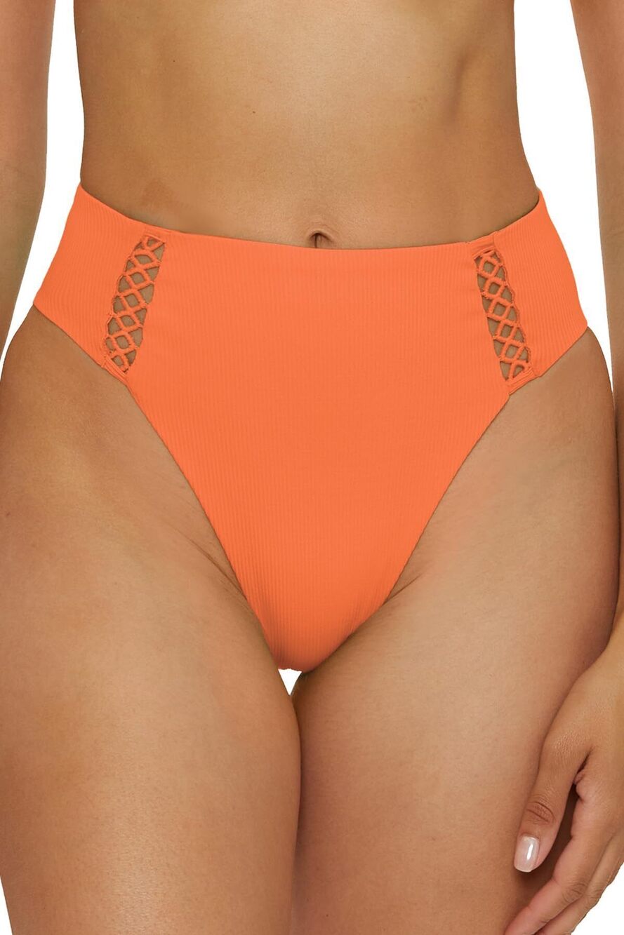 Becca Women's Orange Edge Rib High-Waist Bikini Bottoms M NWT